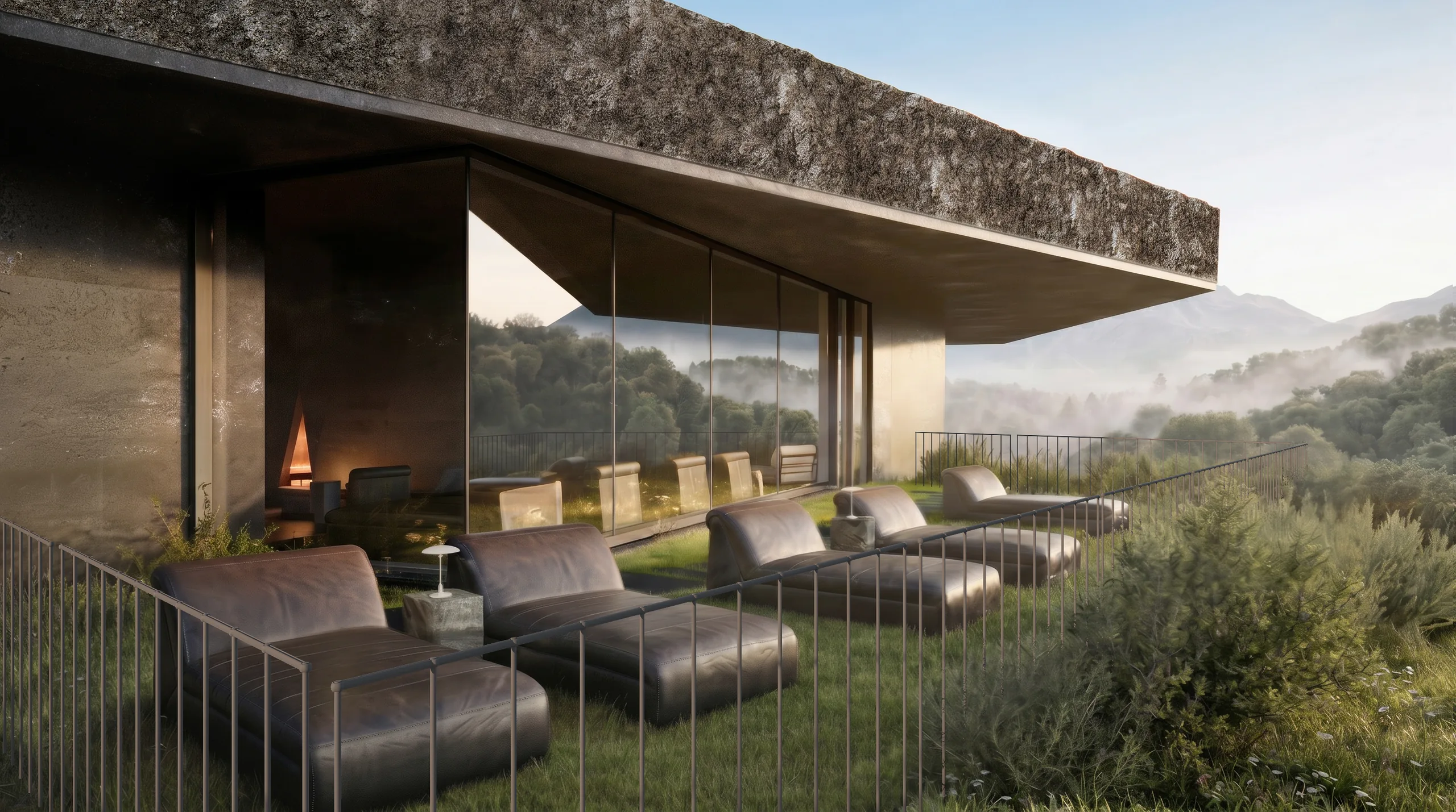 Roof terrace with loungers, day.
