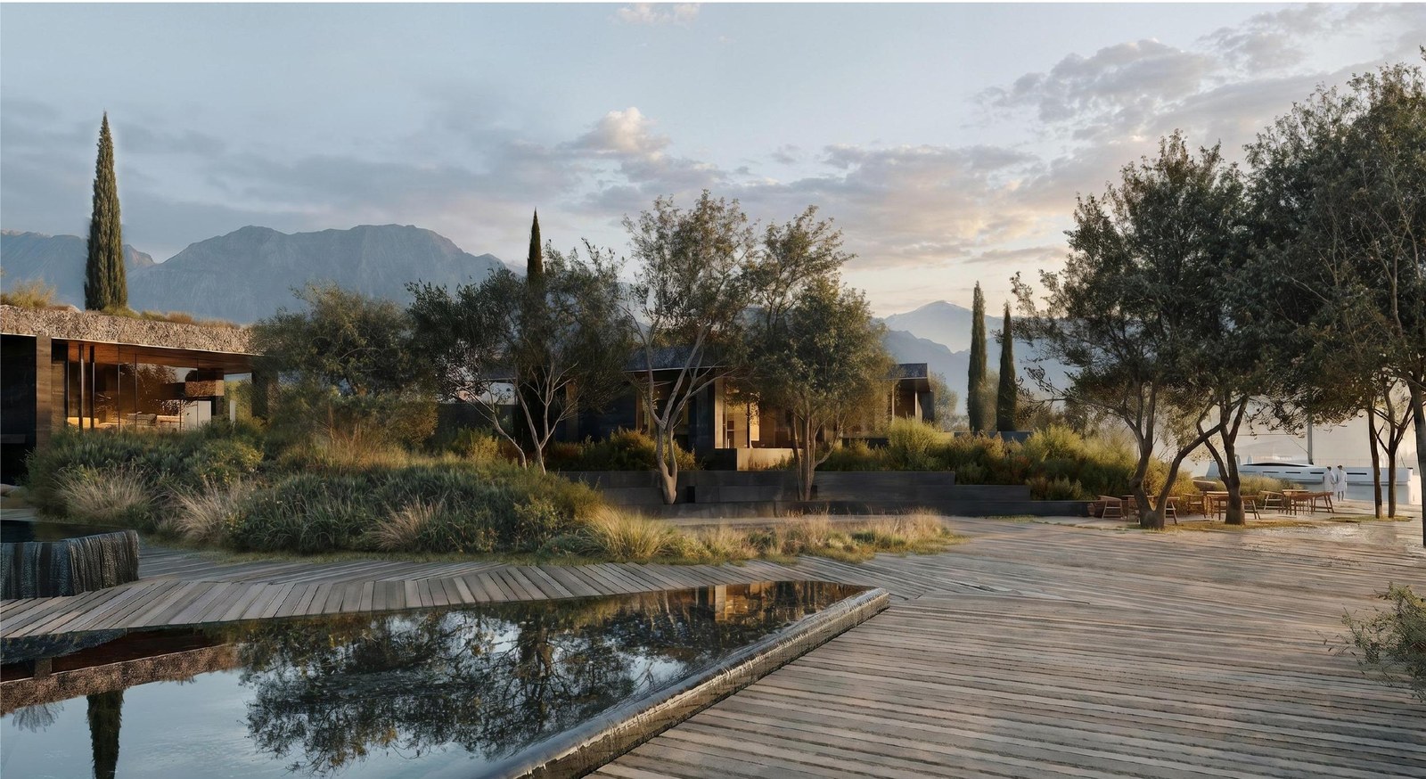 Render of a timber deck beside still water among trees and cypresses