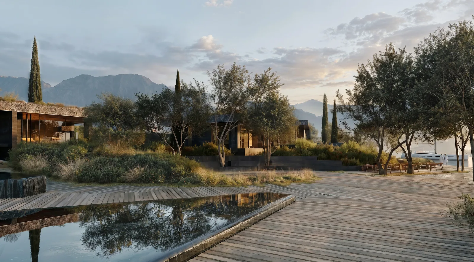The timber deck and the reflecting pool.