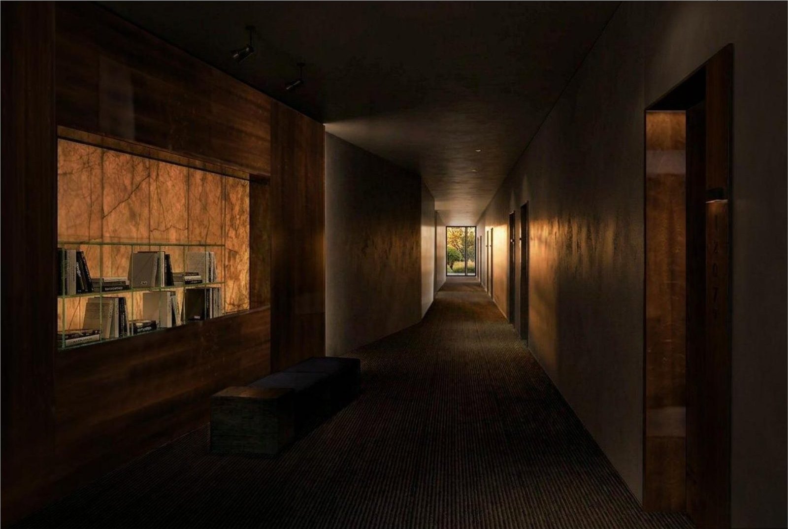 Dark guest room corridor with warm lit niches