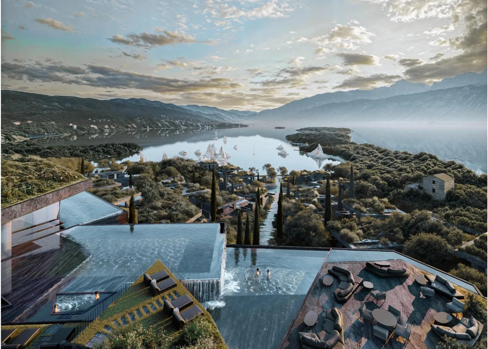 Aerial view of the infinity pool above the Bay of Kotor at dusk