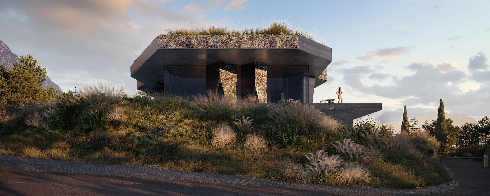 The hotel from the gardens, its upper level cantilevered above planted terraces.