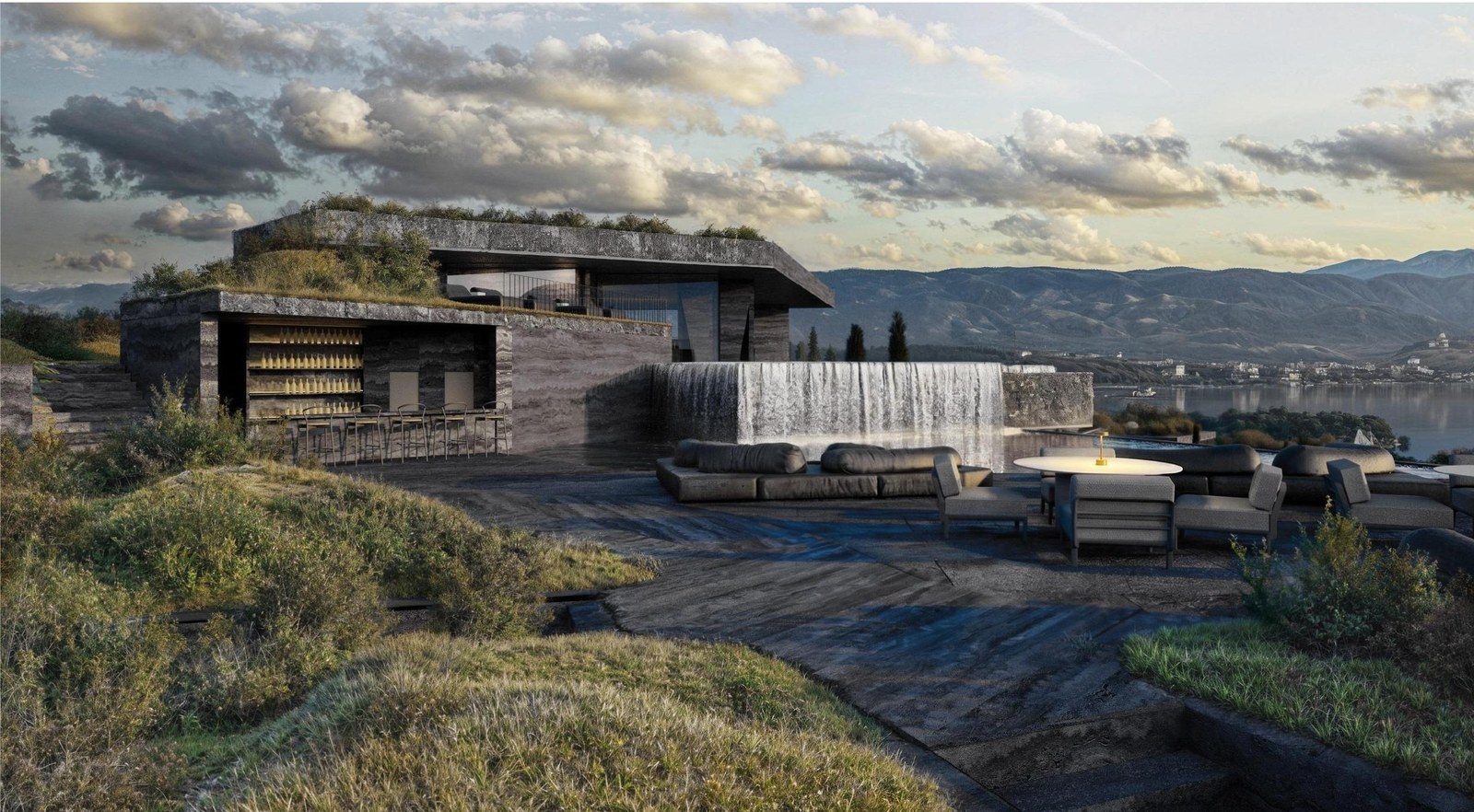 Render of the hotel terrace and pool at dusk with the mountains behind