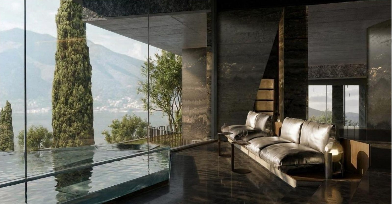 Lounge by the waterfall with panoramic window over the bay