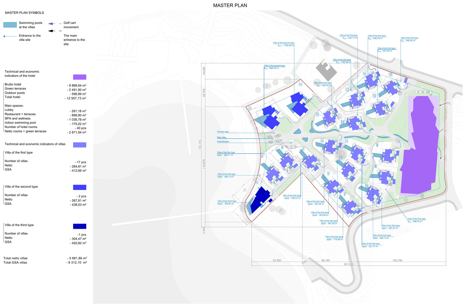 Master plan of the complex showing the hotel, the twenty residences with their pools, the grounds and the site entrances.