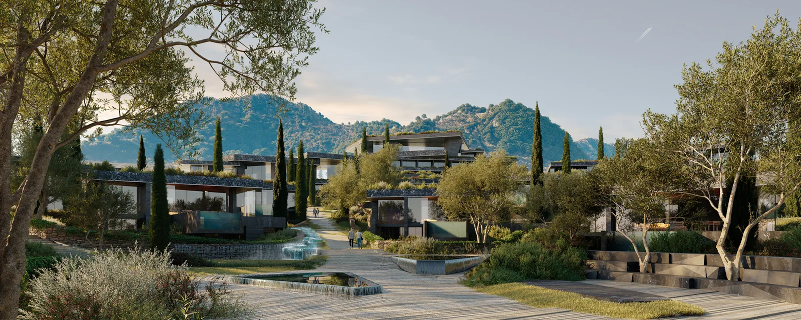 The complex seen from the shore walk, through olive trees and cypresses.