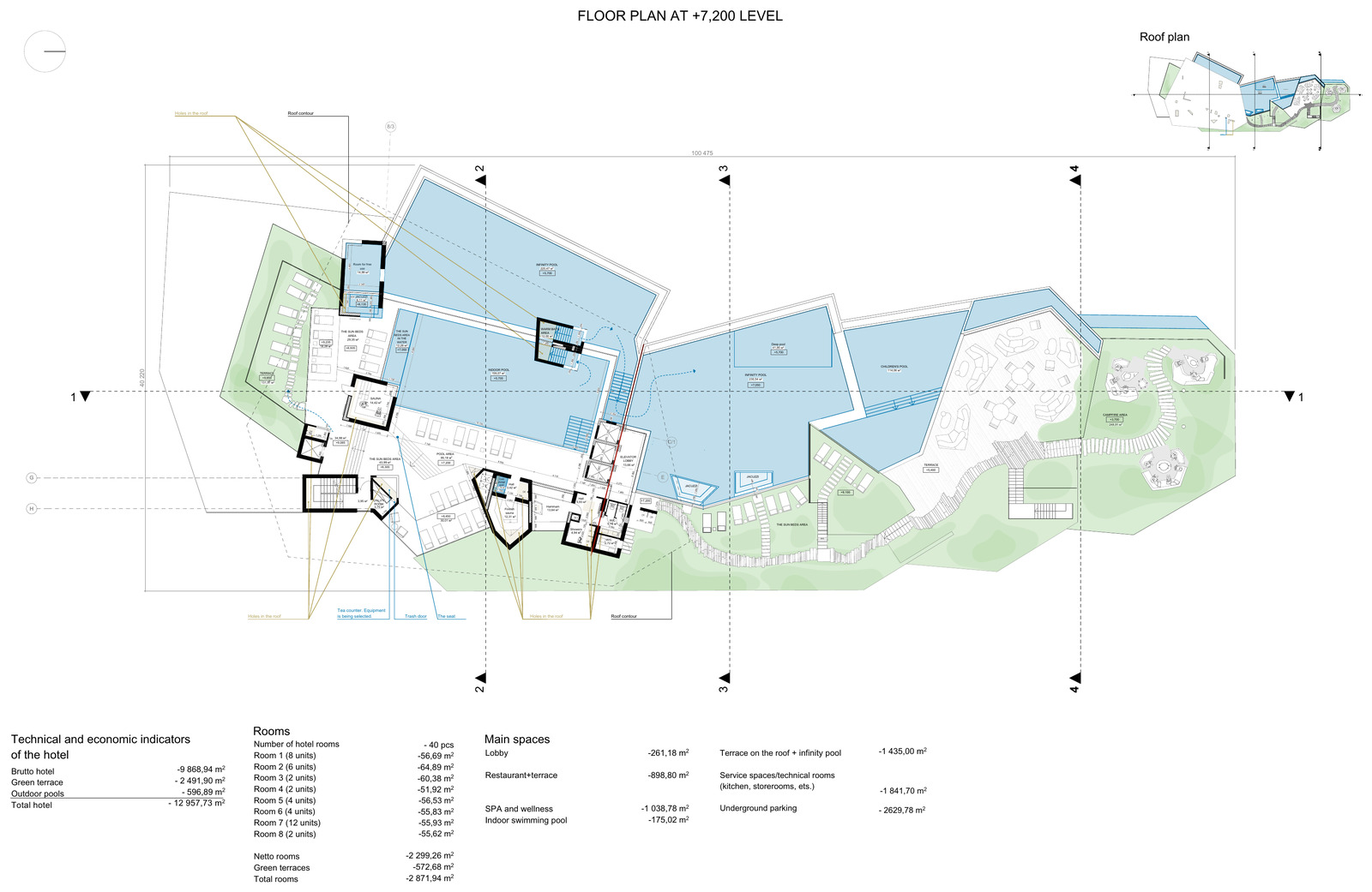 Roof plan of the complex showing the infinity pool, the children's pool and the campfire area.