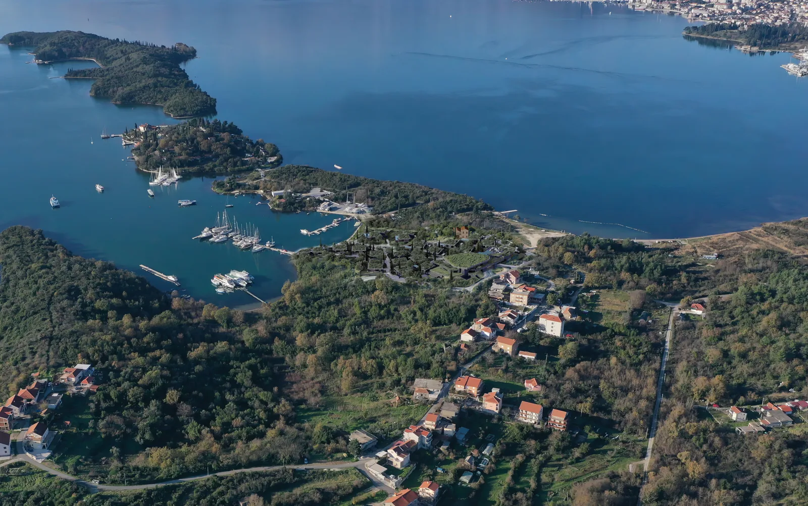 Aerial photograph of the Krtoli peninsula and the archipelago beyond.