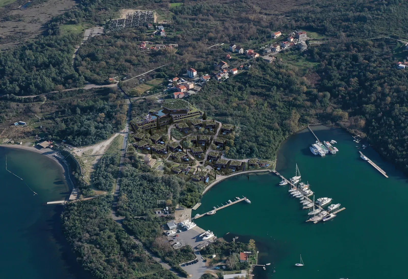 Aerial photograph of the site and the marina.