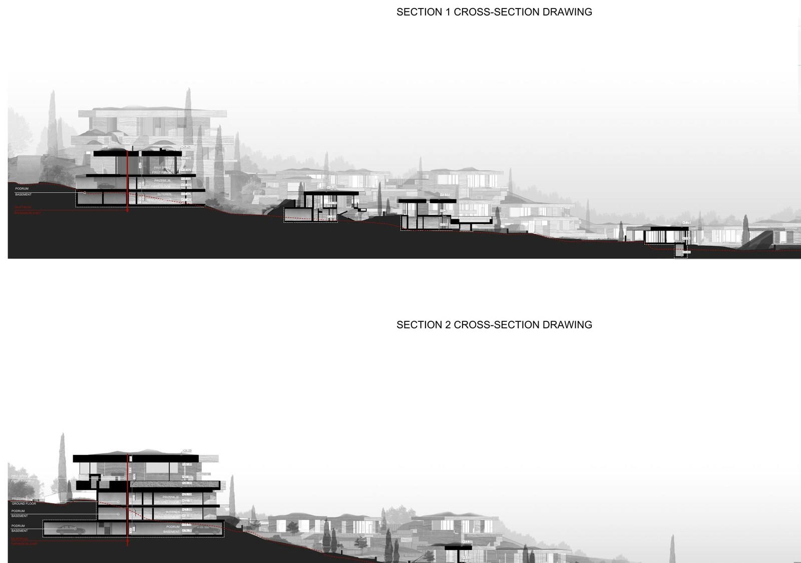 Cross-section drawing through the site showing the complex stepping down the slope to the water.