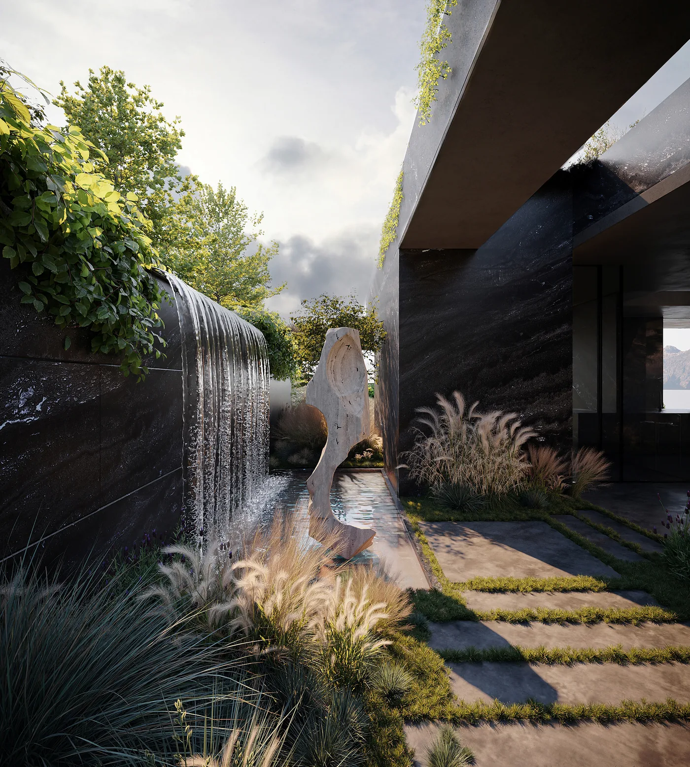 The private courtyard of a type I residence: a water wall, a stone sculpture, a shallow pool.