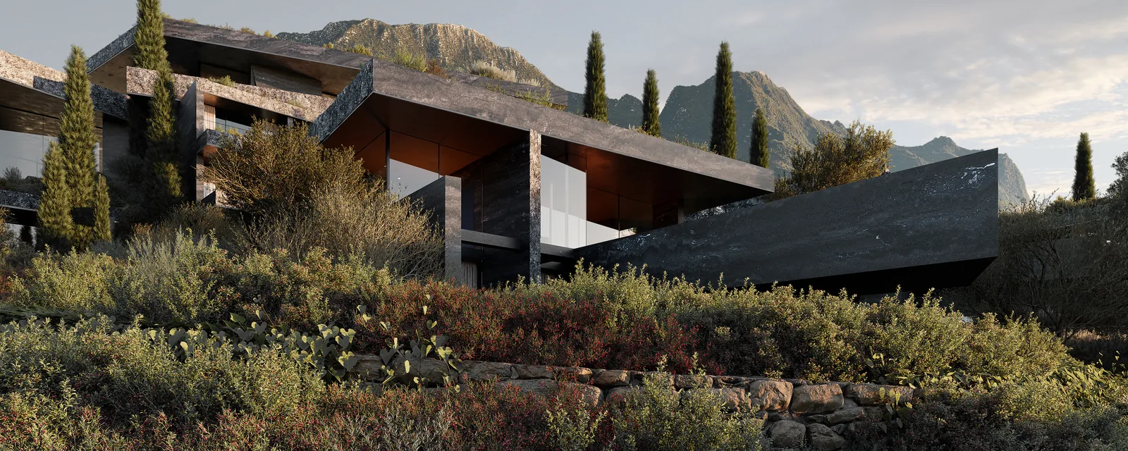 A type I residence on the slope, its dark stone roof reaching out over the terrace.