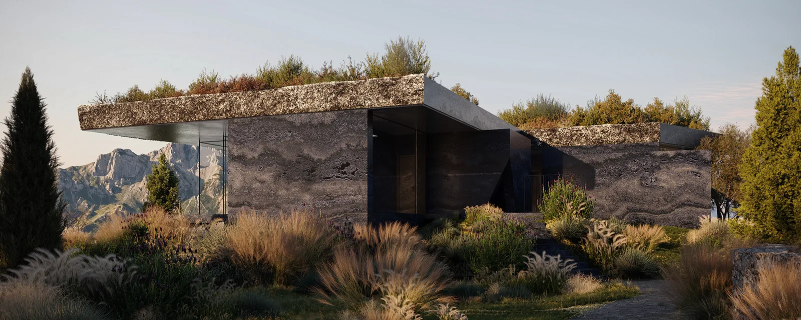 A type II residence from the garden, travertine walls beneath a planted roof.