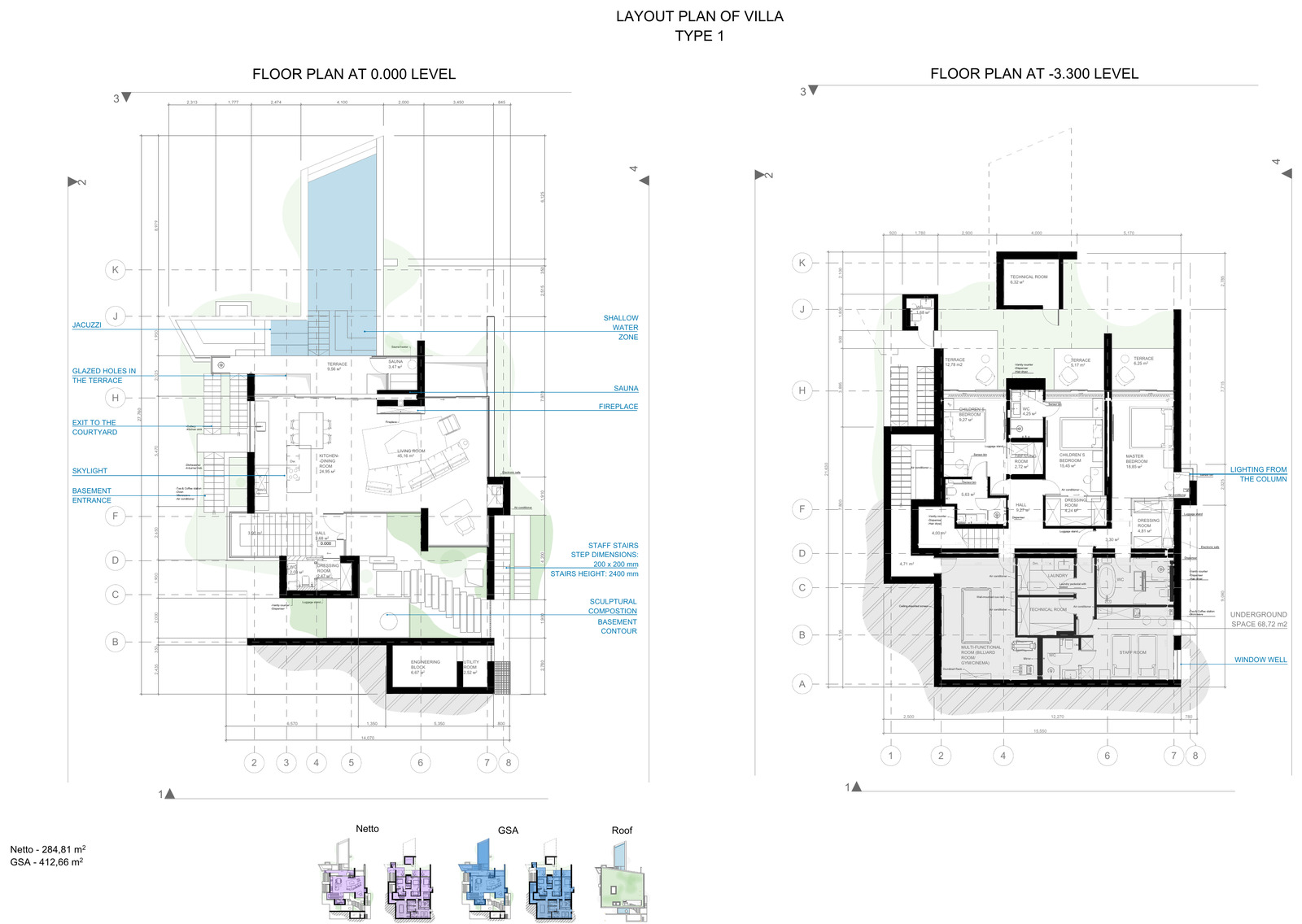 Floor plans of villa type I at 0.000 and −3.300 levels.