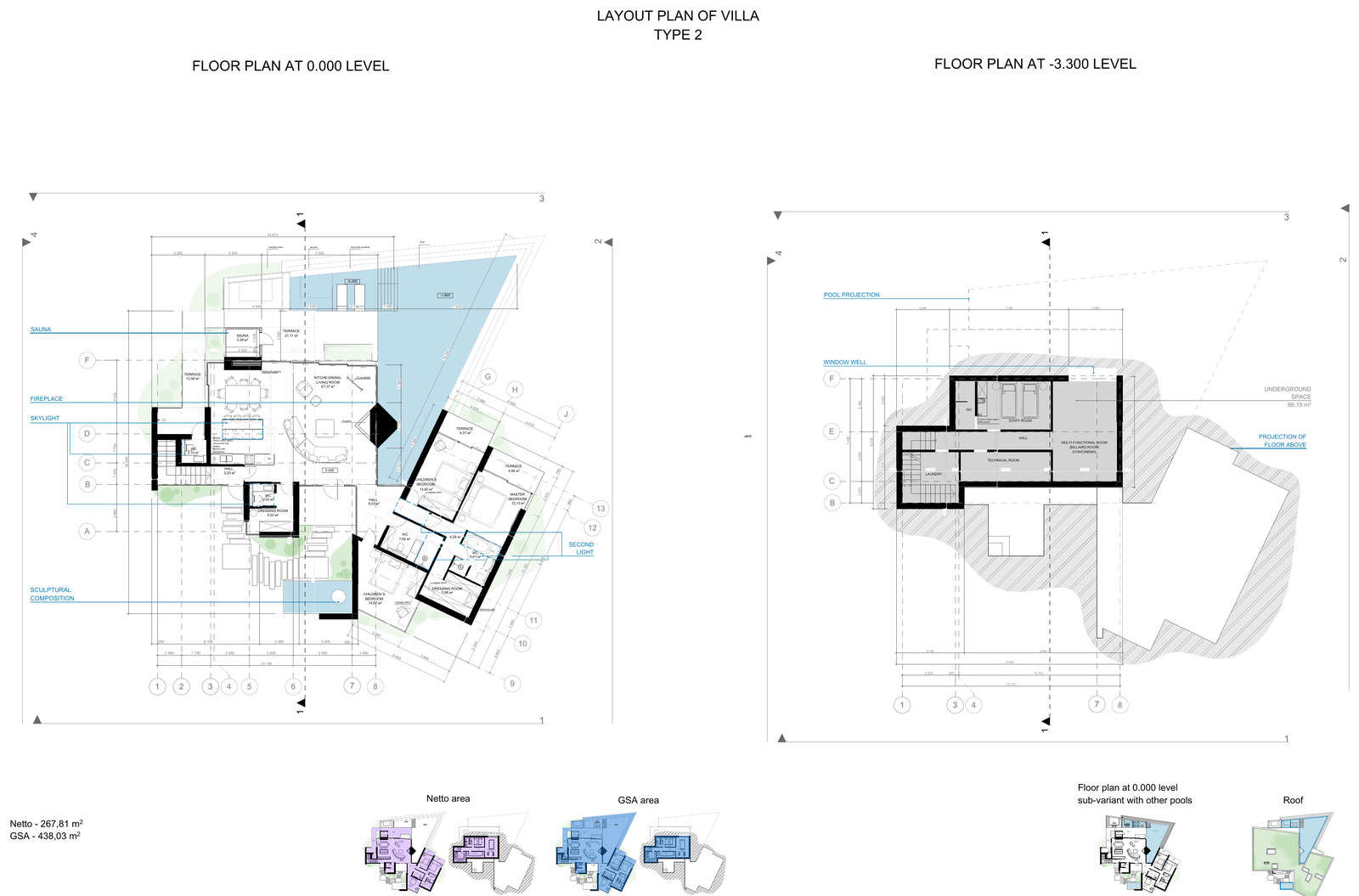 Floor plans of villa type II at 0.000 and −3.300 levels.