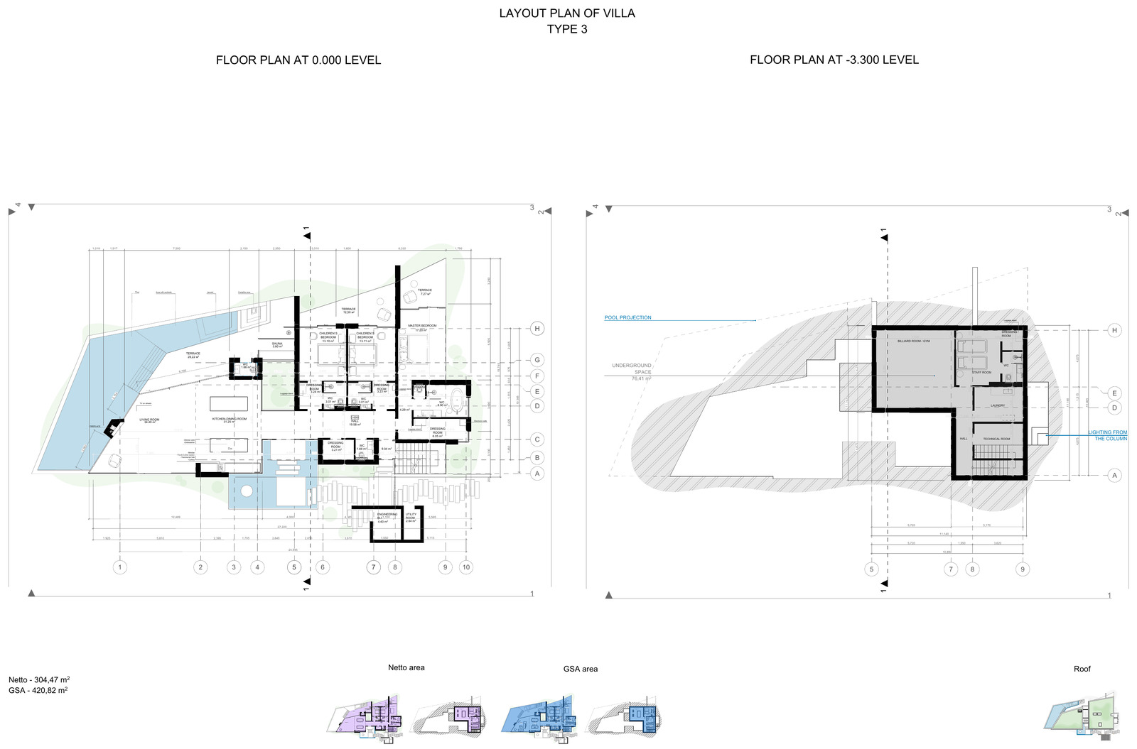 Floor plans of villa type III at 0.000 and −3.300 levels.